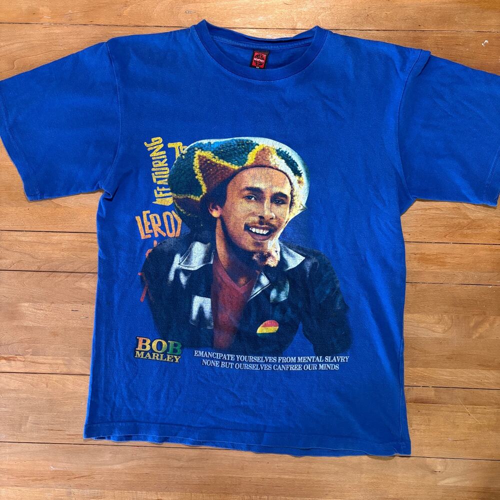 Vintage Bob Marley T Shirt Reggae Rap Tee Blue Emancipate Yourself Quote